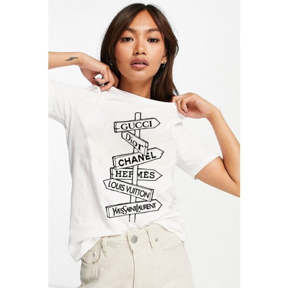 NEW White Fashion Designer Street Sign Logo Graphic Tee 100% Cotton T Shirt Top - Picture 2 of 6